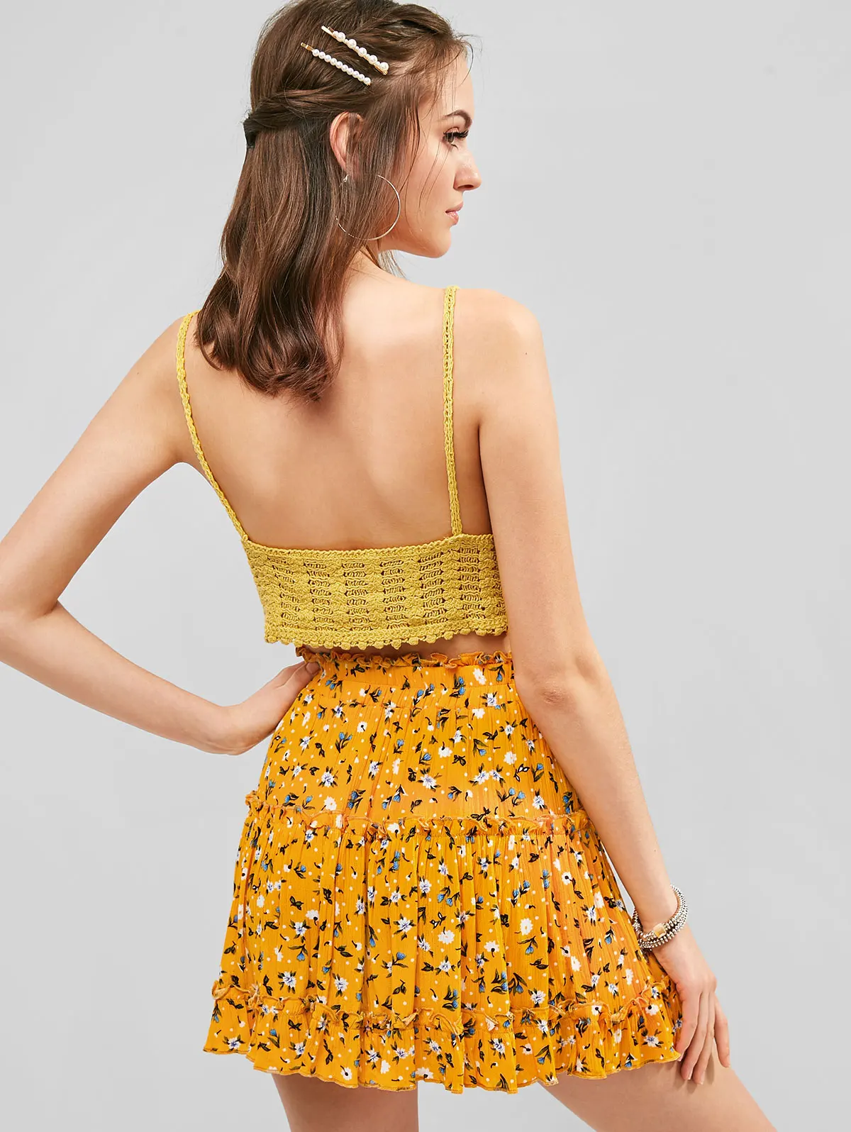 dise/ño floral ZAFUL Conjunto de pantal/ón corto para mujer con cintura alta sin hombros