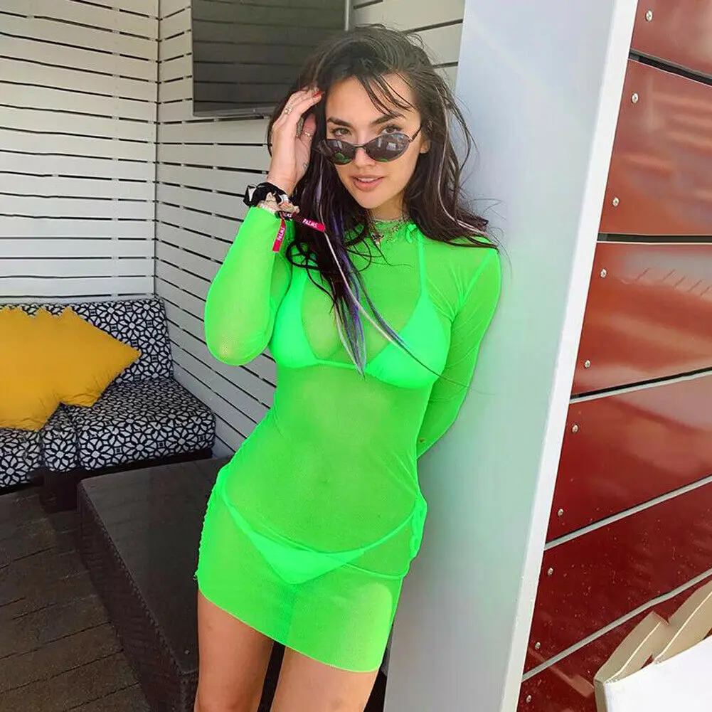 Women's Fluorescent color Sheer Mesh Long Sleeve Bikini Cover Up Swimwear Swimsuit Bathing Summer Beach Mini Dress
Women's Fluorescent color Sheer Mesh Long Sleeve Bikini Cover Up Swimwear Swimsuit Bathing Summer Beach Mini Dress