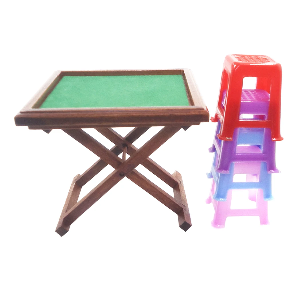 New 1/12 Scale Dollhouse Miniature MahJong Game Set with 4 Stools for 1:12 Dollhouse Decor Kids Toys Birthday Gift Collectibles