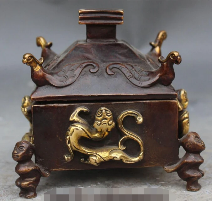 5" Chinese Bronze Gilt 4 Great Vajra Dragon Phoenix incense burner censer Statue R0709
