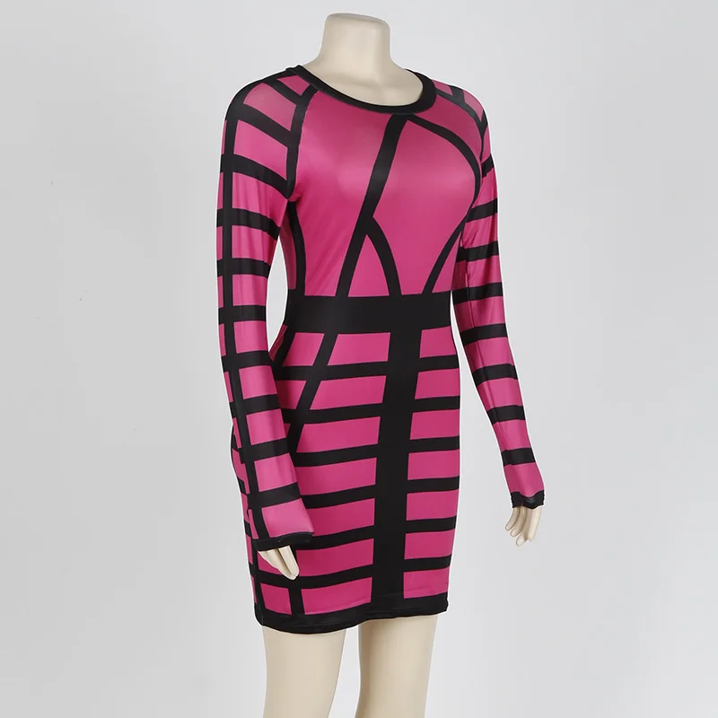 Kostlich Autumn 2017 Women O-Neck Long Sleeve Print Dress Mini Sexy Bodycon Women Dress Plus Size NightClub Wear Bandage Dress (57)