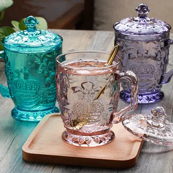 350ml embossed color crown glass mug with lid purple pink blue drink glass cup for gift
350ml embossed color crown glass mug with lid purple pink blue drink glass cup for gift