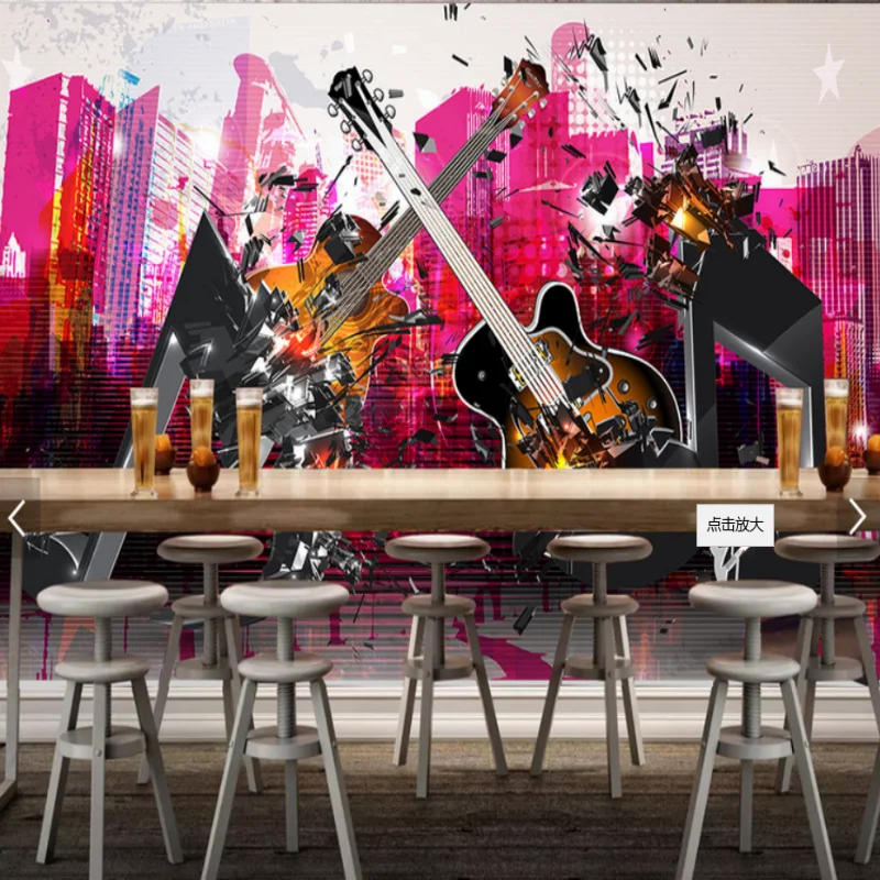 

High-rise building musical notes guitar PK wallpaper for bar/ KTV /background wall painting wallpaper for walls