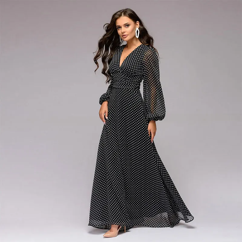 Deep V-Neck Polka Dot Floor-length Dress Women Fashion Lantern Sleeve Slim Loose Hem Dresses Ladies Elegant Party Dress Vestidos
Deep V-Neck Polka Dot Floor-length Dress Women Fashion Lantern Sleeve Slim Loose Hem Dresses Ladies Elegant Party Dress Vestidos