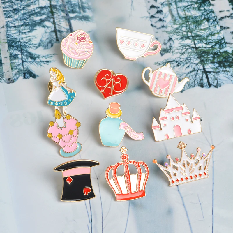 14 pcs/set Fairy Alice Hat Cake Castle Heart Crown Candle Syrup Rabbit Clock Cat Kitten Brooch Button Pins Jacket Badge Jewelry 18