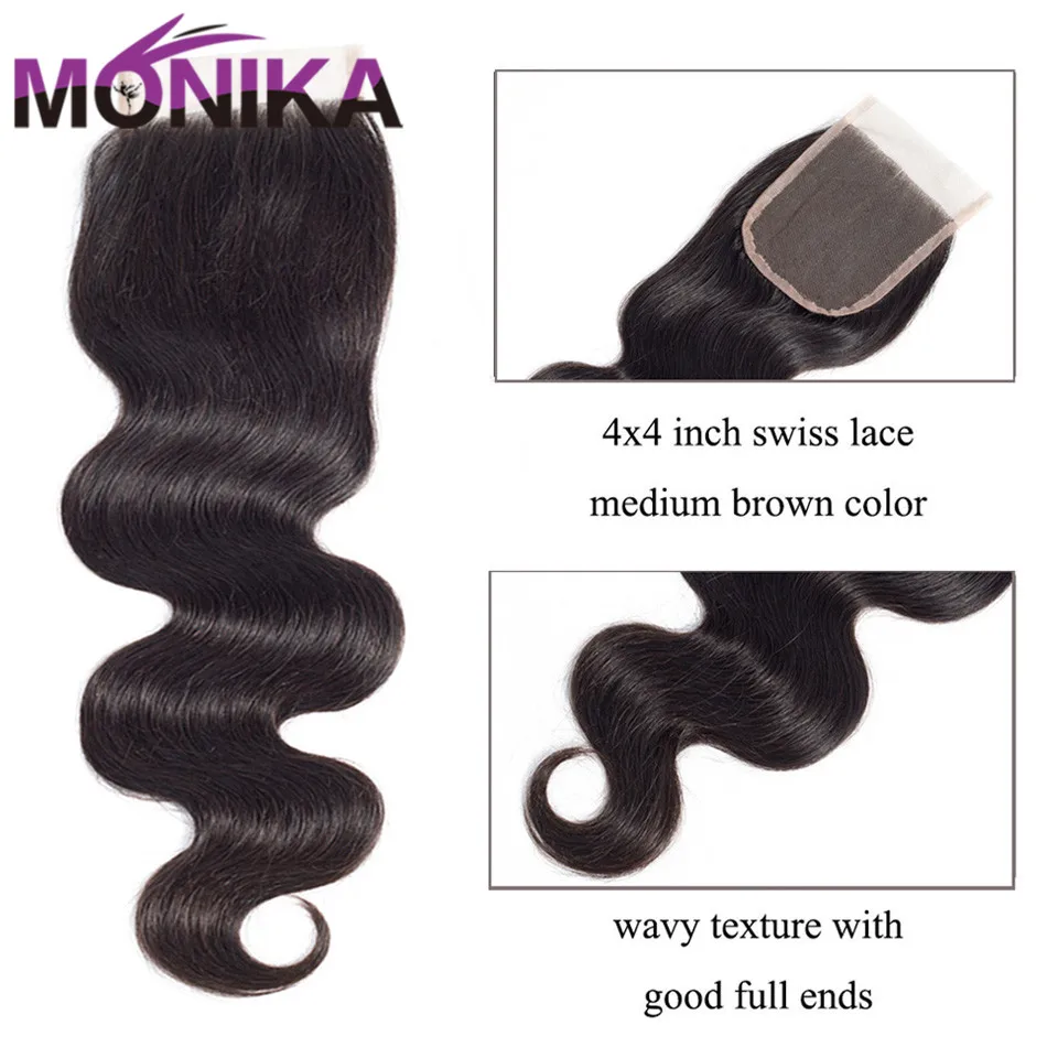 Monika 4x4 Lace Closure Brazilian Body Wave Human Hair Bundles Free Part Middle Part Swiss Closure Natural Color Free Shipping (2)