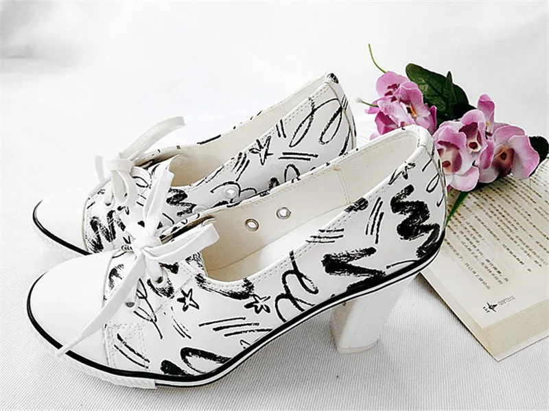 New Women Pumps Shoes Brand Designer Classic Casual Women Print 6CM8CM High-Heeled Shoes Lace-Up High Top Lady Shoes High Heels (20)