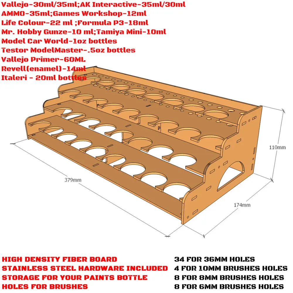 36mm Hole - 34 Citadel Paint Rack - Laser Cut Wood - MDF Paint Rack - Paints Storage system
36mm Hole - 34 Citadel Paint Rack - Laser Cut Wood - MDF Paint Rack - Paints Storage system