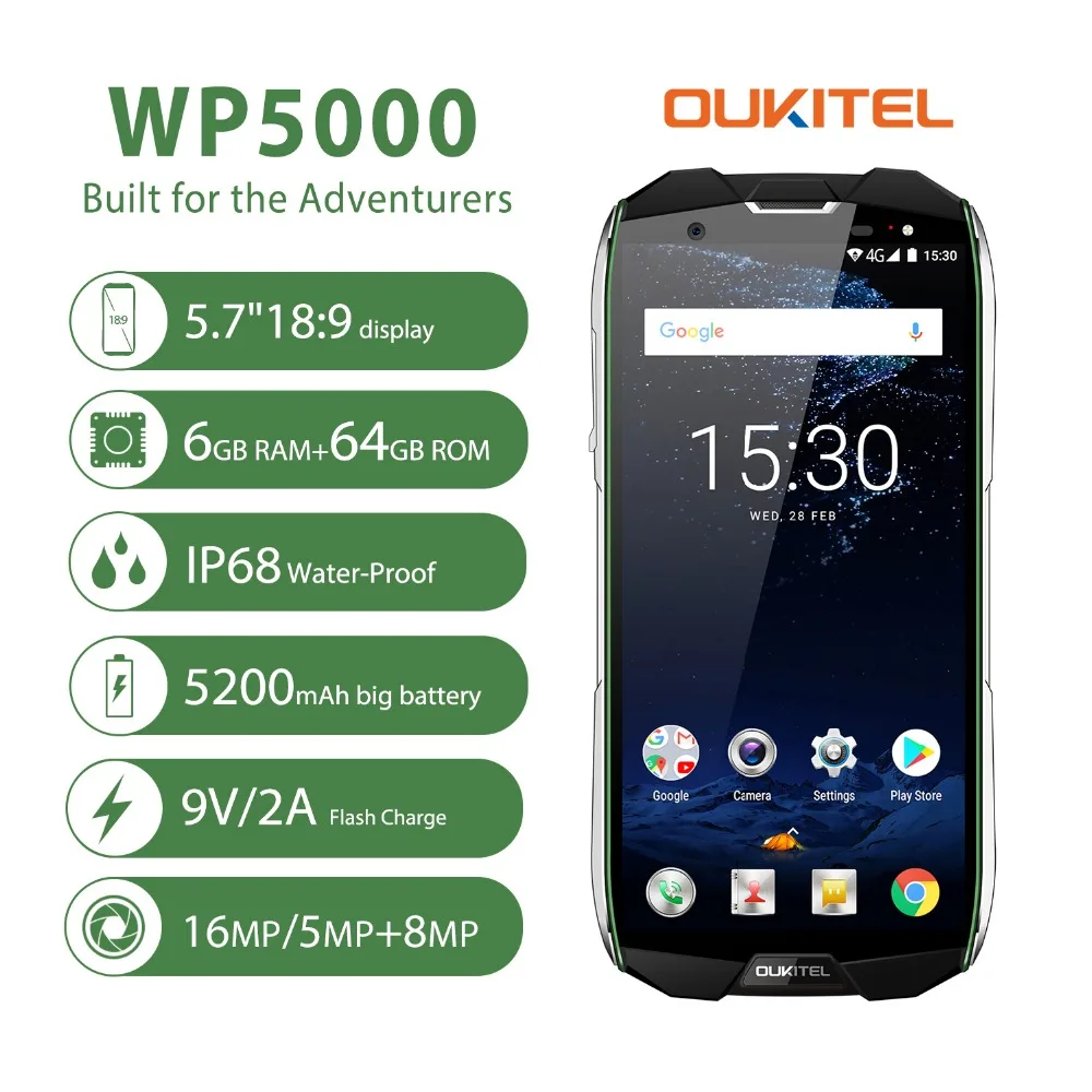 

Oukitel WP5000 IP68 Waterproof 4G Smart phone 5.7'' 18:9 MTK6757 P25 Octa Core Mobile Phone 6GB RAM 64GB ROM 5200mAh Helio 9V 2A