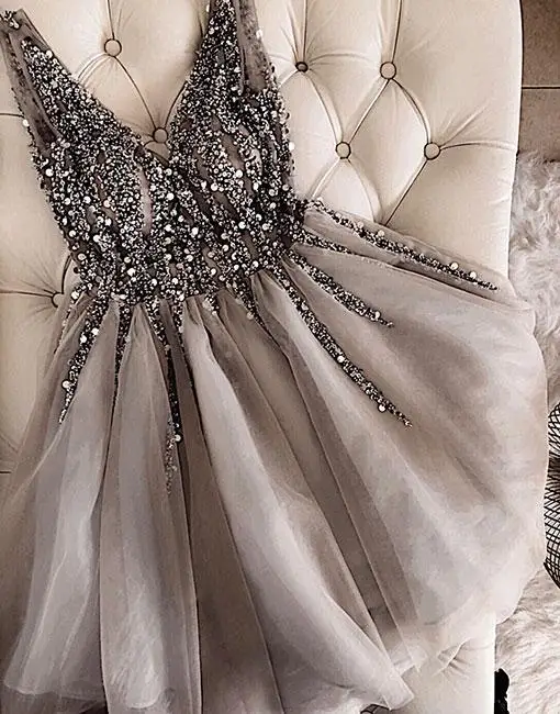Sparkle Crystal Beaded Short Cocktail Dresses Gray Homecoming Dress Double V-neck Sexy Shiny Mini Prom Gowns Vestidos | Свадьбы и