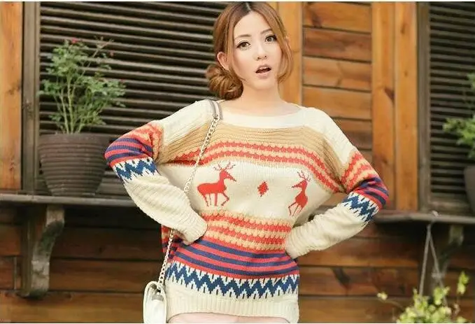 Рождественский длинный свитер Женский Асимметричный вязаный пуловер с оленем