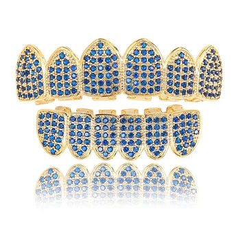 Hip Hop Micro Pave Blue CZ Zircon Bling Iced Out Teeth Grillzs Top Bottom Set Gold Flat Dental Grills Men Rapper Jewelry
Hip Hop Micro Pave Blue CZ Zircon Bling Iced Out Teeth Grillzs Top Bottom Set Gold Flat Dental Grills Men Rapper Jewelry