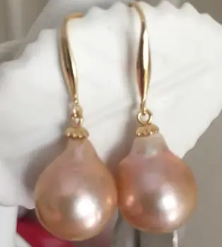 

charming a pair of 14-15mm natural south sea baroque gold pink pearl earring 14k