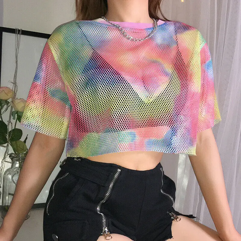 Summer Women Crop Tops T-Shirt Transparent Fishnet Tie Dyeing Short Sleeve Loose Shirt 2019 New
Summer Women Crop Tops T-Shirt Transparent Fishnet Tie Dyeing Short Sleeve Loose Shirt 2019 New