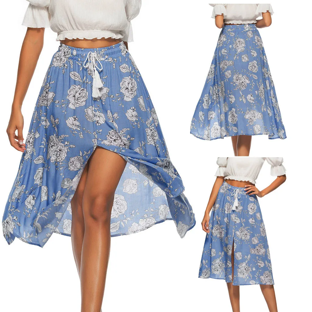 Новинка 2019 женская повседневная юбка миди с цветочным принтом и карманами