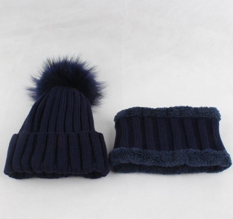 Kids Boys Girls Warm Fleece Liner Beanie Hats With Scarf Winter Fur Hat For Children Baby Pompom Skullies Beanies 37