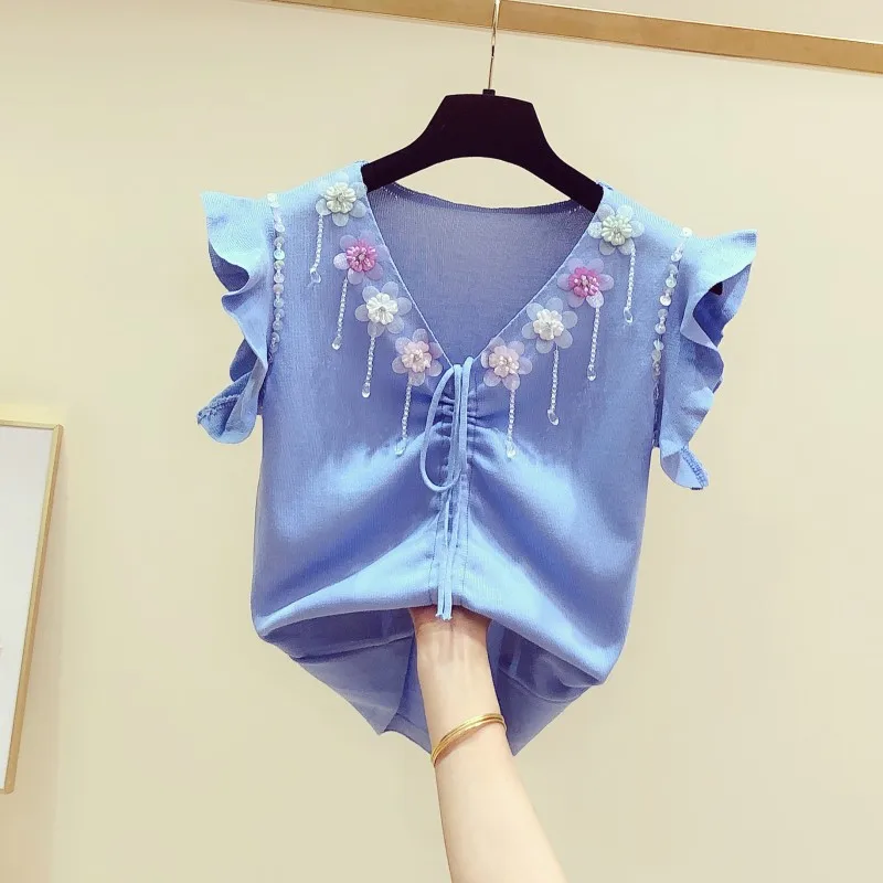 2019 Summer New Korean Sweet Flower Beaded Chain Slim Stretch Knit T-shirt Women Feifei Sleeve Jacket Lady Short Tops Nancylim 
2019 Summer New Korean Sweet Flower Beaded Chain Slim Stretch Knit T-shirt Women Feifei Sleeve Jacket Lady Short Tops Nancylim