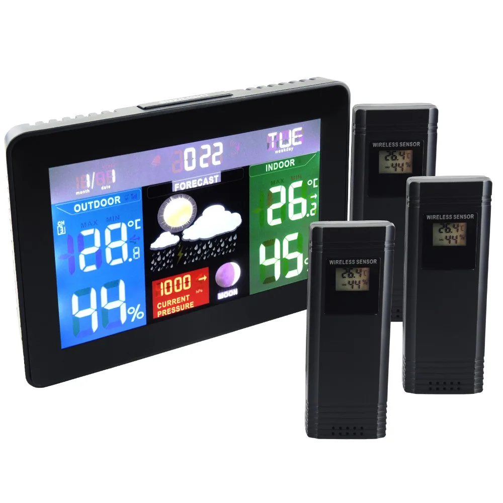 3 Wireless Sensors Weather Station, Color Display Radio Controlled Clock, Barometer RH% Temperature Moon Phase 5 Forecast - 220V
3 Wireless Sensors Weather Station, Color Display Radio Controlled Clock, Barometer RH% Temperature Moon Phase 5 Forecast - 220V