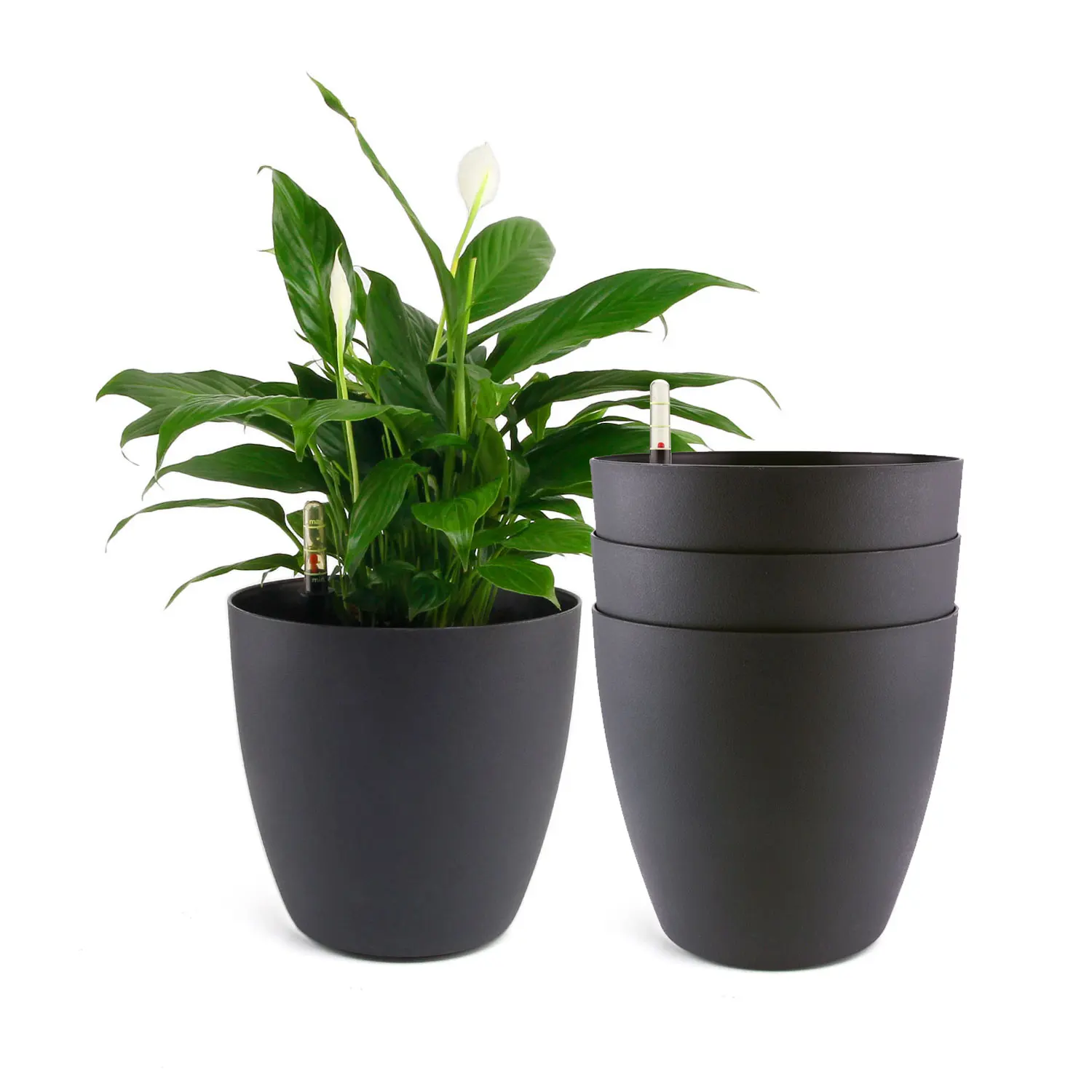 

11" Plastic Self Watering Planter with Water Level Indicator Black Modern Decorative Planter Pot for All House Plants Set of 4