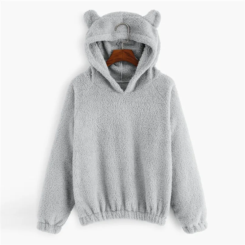Cute Harajuku Womens Sweatshirts Hoodie Crop Tops Solid Cat Ear Long Sleeve Cropped Sweatshirt Hooded Pullover Moletom 40OC58