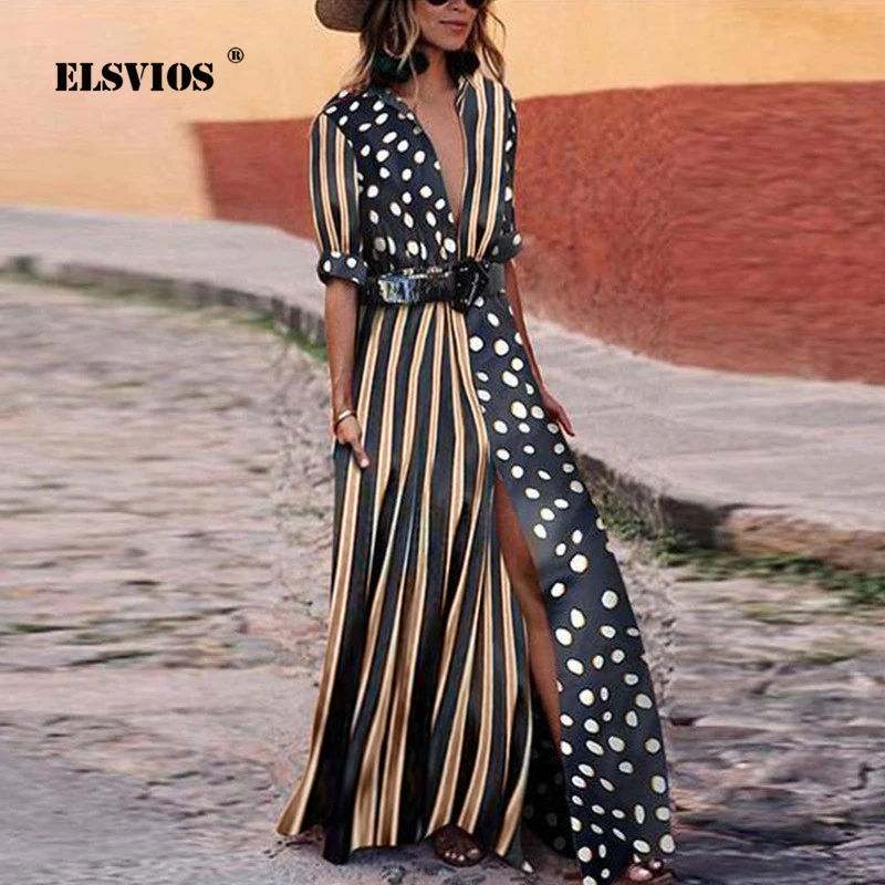 ELSVIOS 2018 Autumn Floor-Length Bohemian Dress Turn-Down Collar Dot Striped Long Dress Casual Print Chiffon Loose Women's dress
ELSVIOS 2018 Autumn Floor-Length Bohemian Dress Turn-Down Collar Dot Striped Long Dress Casual Print Chiffon Loose Women's dress