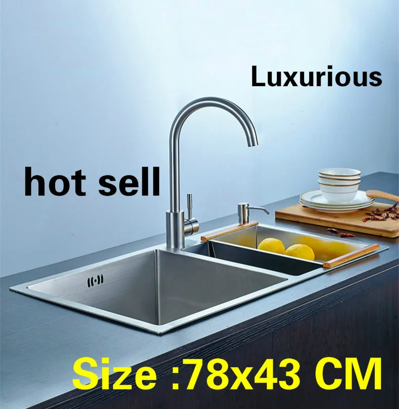 

Free shipping Apartment luxury kitchen manual sink double groove do the dishes 304 stainless steel vogue hot sell 78x43 CM