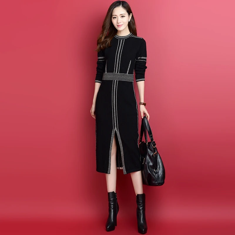 wool Long sleeved knitting Split ends Stripe pattern Elastic body Patchwork Package hip Dress
wool Long sleeved knitting Split ends Stripe pattern Elastic body Patchwork Package hip Dress