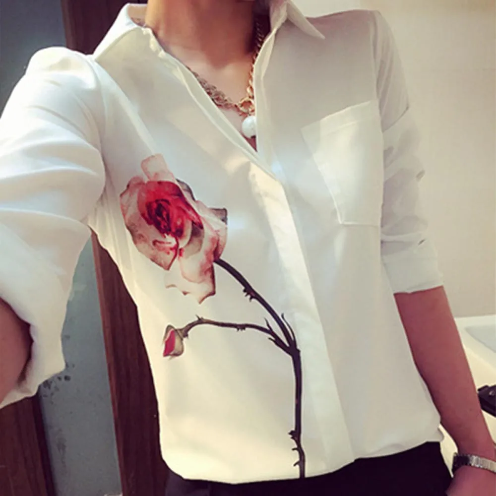 Рубашка с шифоном и цветочной розой 2016 летняя блузка отложным воротником |