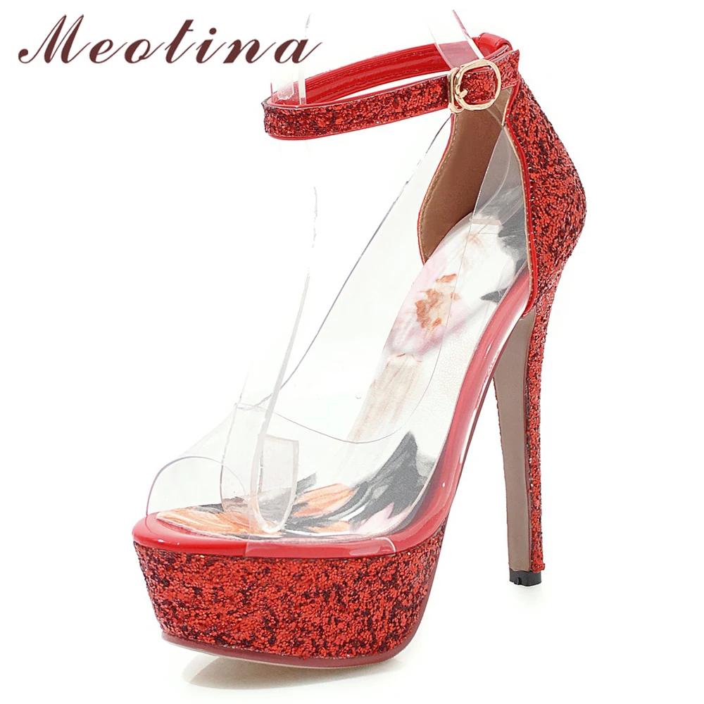 Meotina High Heels Women Sandals Glitter Stiletto High Heel Wedding Shoes Transparent Peep Toe Ankle Strap Party Sandals Red
Meotina High Heels Women Sandals Glitter Stiletto High Heel Wedding Shoes Transparent Peep Toe Ankle Strap Party Sandals Red