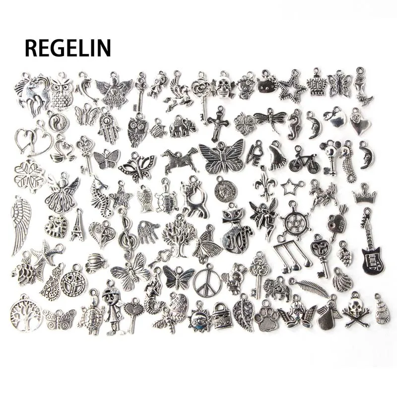 REGELIN Fashion 100pcs/lot Mixed Vintage animal Antique Silver Charms Pendant Fit Earrings Necklace DIY Jewelry Making
REGELIN Fashion 100pcs/lot Mixed Vintage animal Antique Silver Charms Pendant Fit Earrings Necklace DIY Jewelry Making
