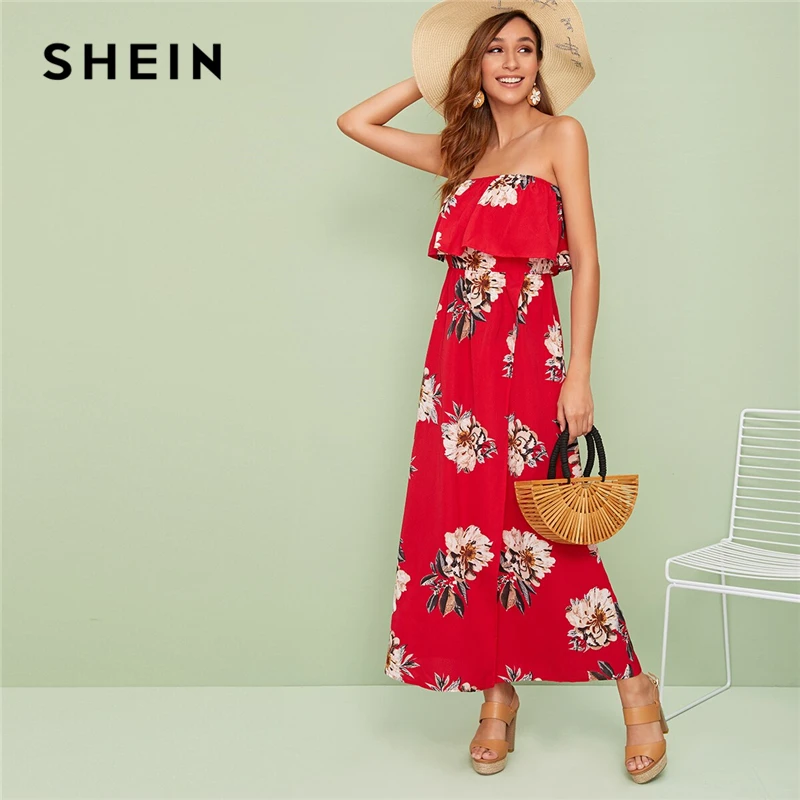 

SHEIN Red Foldover Front Floral Print Wrap Tube Maxi Dress Women 2019 Strapless Ruffle Shift High Waist Bohemian Summer Dresses