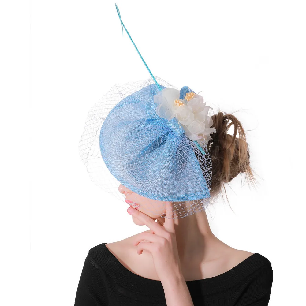 

Fascinators ivory silk flower light blue Wedding pillbox fedora hats women Accessory headbands New Multiple color high quality