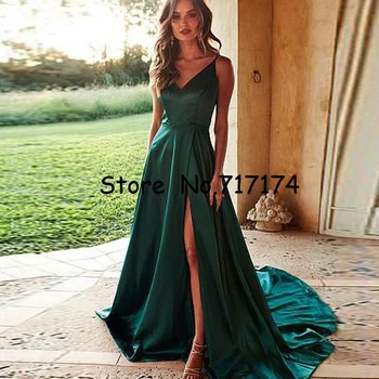 Long V-neck Spaghetti Straps Satin Prom Dress Simple Sweep Train Split Backless Zipper Bridal Party Dress Formal Evening Dress
Long V-neck Spaghetti Straps Satin Prom Dress Simple Sweep Train Split Backless Zipper Bridal Party Dress Formal Evening Dress