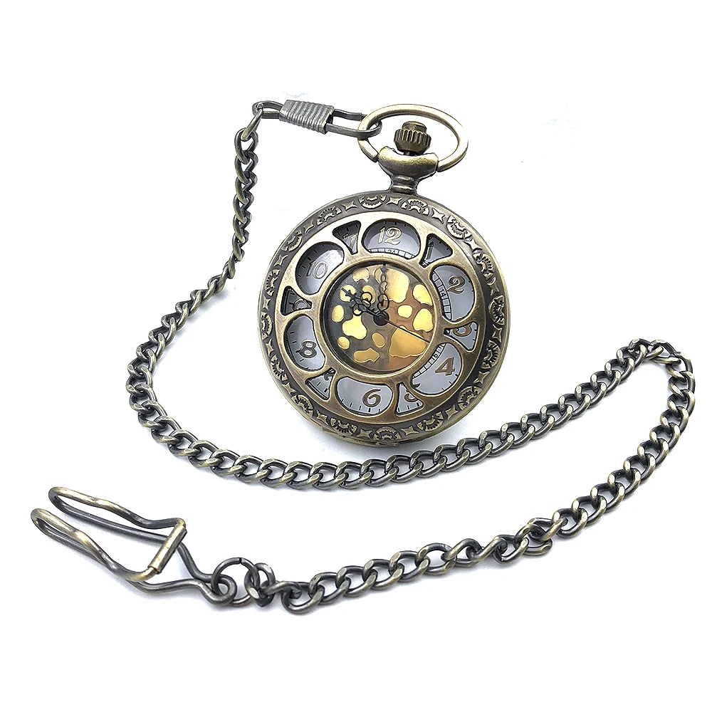 Bronze Tone Hollow Case Skeleton Steampunk Quartz Movement Mens Pocket Watch w/Chain Arabic Number Half Hunter Watch Nice Gift
Bronze Tone Hollow Case Skeleton Steampunk Quartz Movement Mens Pocket Watch w/Chain Arabic Number Half Hunter Watch Nice Gift