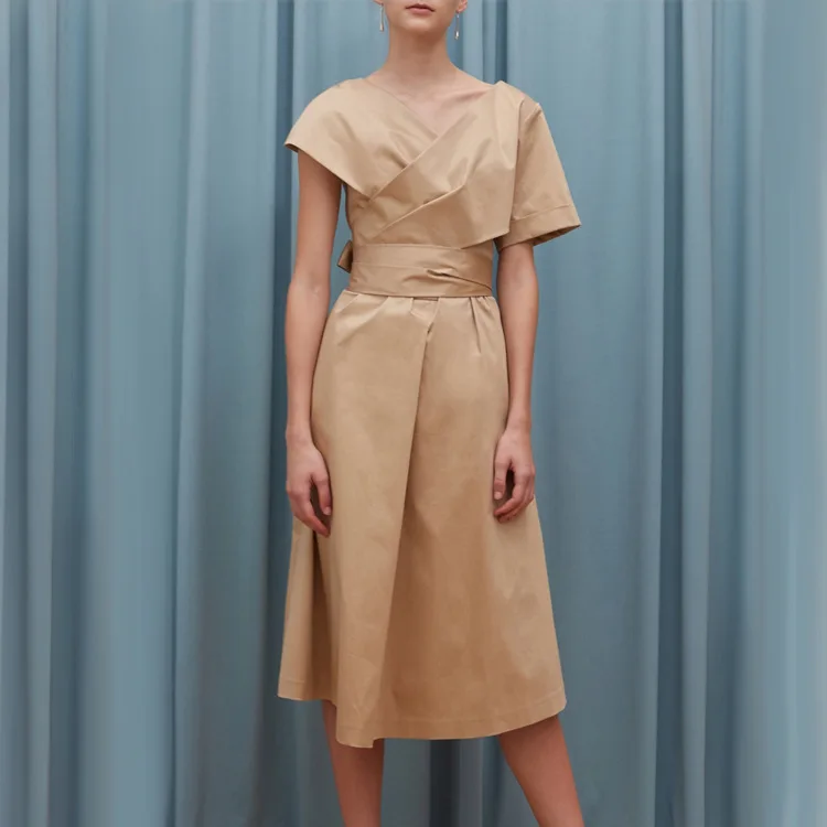 2019 New Summer European and American High-end Women's Asymmetric Cuffs Waist with Camel Short Sleeve Dress Women Zippers
2019 New Summer European and American High-end Women's Asymmetric Cuffs Waist with Camel Short Sleeve Dress Women Zippers