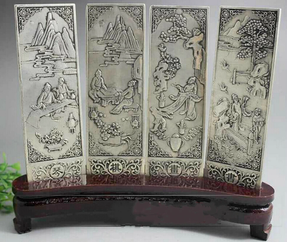 Wonderful old tibet silver 4 screen with Poetry and painting statue on wood stand fast shipping