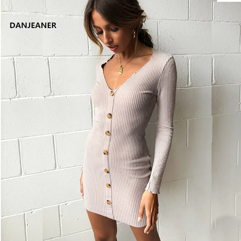 Однотонное Бандажное платье DANJEANER с длинным рукавом и V образным вырезом женское