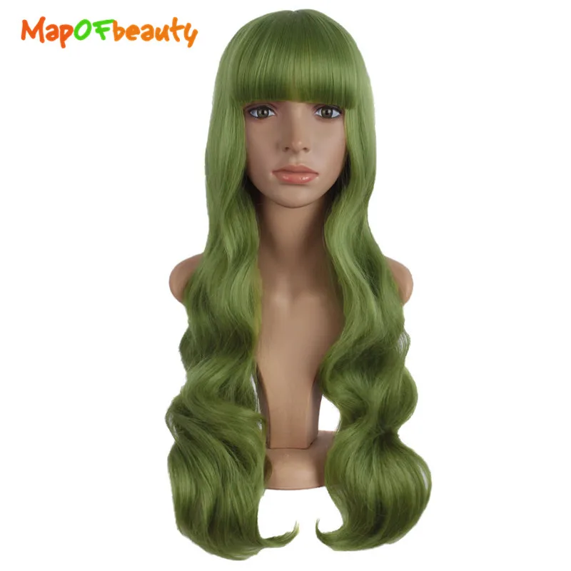 

MapofBeauty 28" Long Curly Green Synthetic Cosplay Wig Natural Wigs For Women With Flat Bang Heat Resistant Hairpiece Halloween