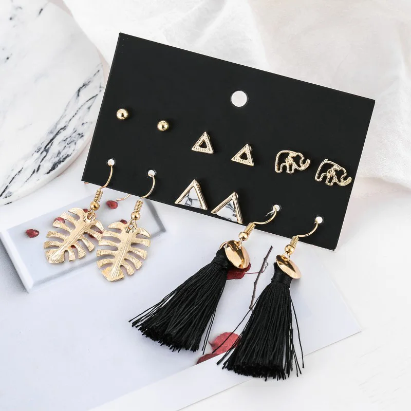 6 Pairs/set Trendy Marble Pattern Triangle Geometric Stud Earrings Set For Women Gold Leaf Black Long Tassel Earrings Jewelry
6 Pairs/set Trendy Marble Pattern Triangle Geometric Stud Earrings Set For Women Gold Leaf Black Long Tassel Earrings Jewelry