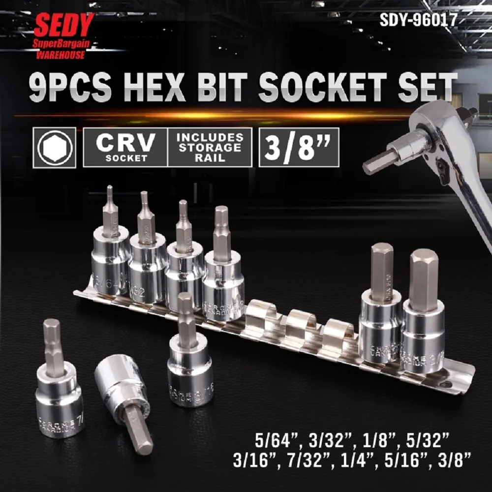 SEDY 9Pcs 3/8" Drive Socket Bit Hex Key Allen Wrench Set Socket Wrench SAE With Sliding Rail Holder Auto Repair Hand Tool Set
SEDY 9Pcs 3/8" Drive Socket Bit Hex Key Allen Wrench Set Socket Wrench SAE With Sliding Rail Holder Auto Repair Hand Tool Set