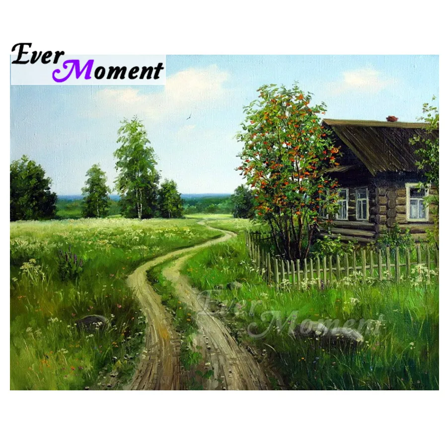 Алмазная картина Ever Moment с домом из стразов трава деревня ручная работа полностью