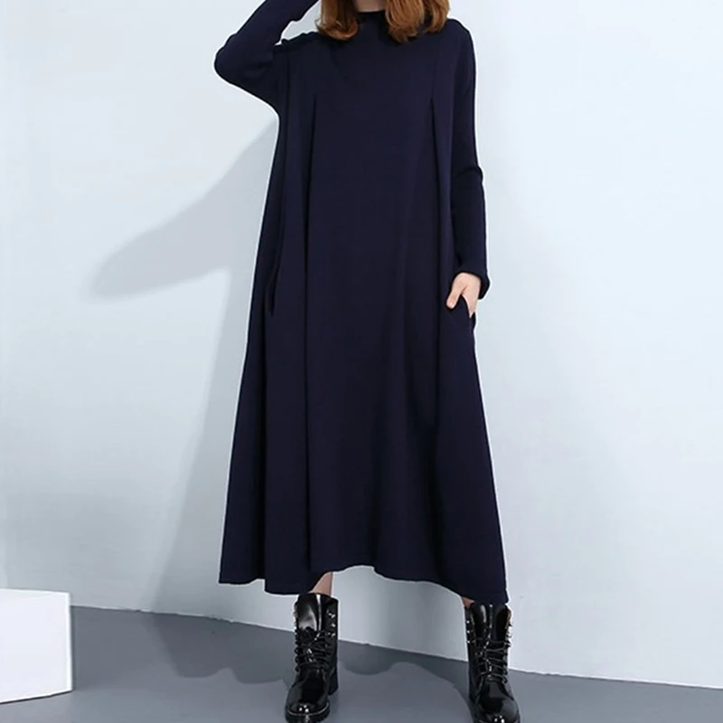 Surdimensionné L-5XL Femmes Tricoté Hiver Robes Chaudes og Manches Longues Col Haut Poches Latérales Longues Robe Solide Spørgsmål Plus La Waist Vestidos