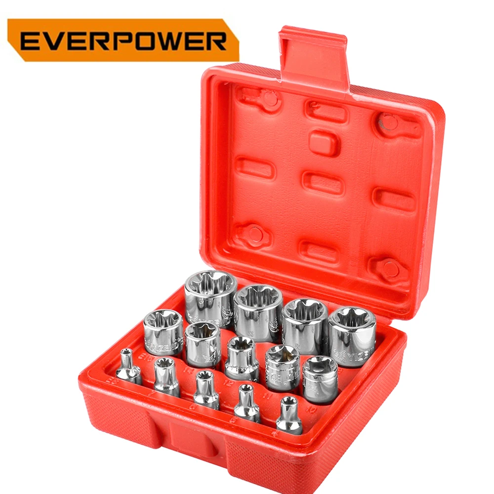 Everpower 14 шт. Torx Набор розеток в форме звезды 1/4 "3/8" 1/2 "Привод E4-E24 (4 мм-24 мм)