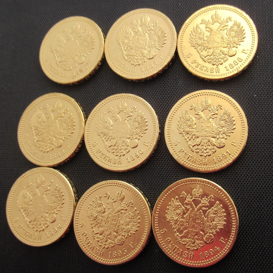 

Russia Coins Full Set of Alexander III 5 ROUBLES 9PCS (1886-1894) Real Gold Plated Coins COPY