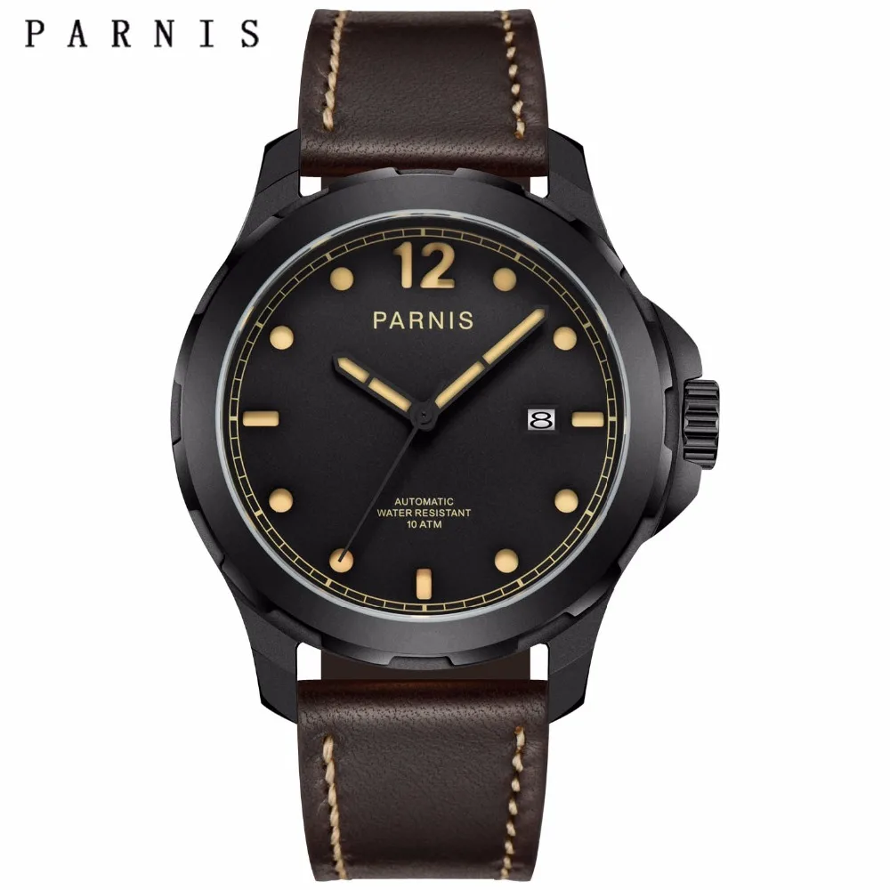 44mm Parnis Mens black Dial Sapphire Glass Auto Date Genuine Leather Watchband Military Watch Men Automatic Mechanical Watches
44mm Parnis Mens black Dial Sapphire Glass Auto Date Genuine Leather Watchband Military Watch Men Automatic Mechanical Watches
