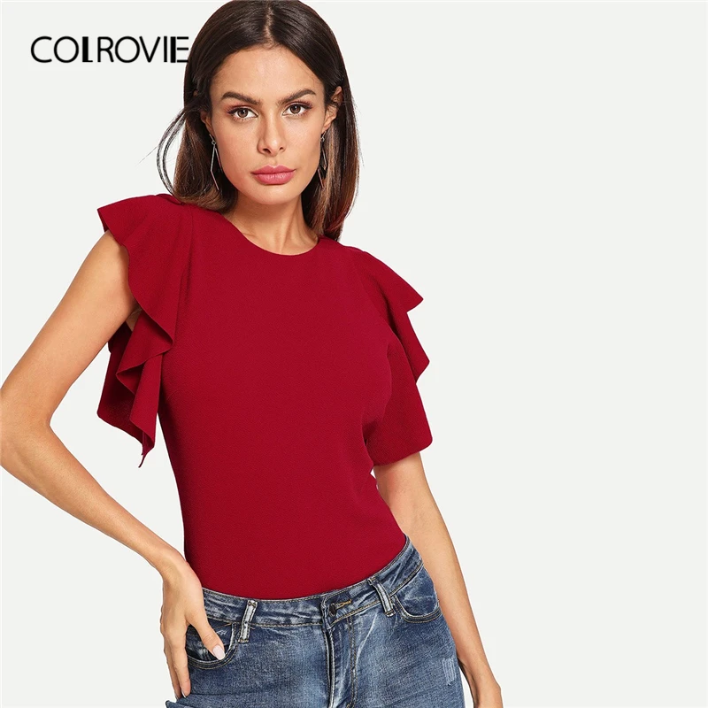 

COLROVIE Burgundy Solid Ruffle Armhole Elegant Blouse Shirts Women 2019 Summer Short Sleeve Form Fitted Ladies Casual Tops