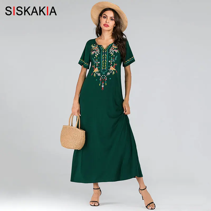 Siskakia Women Long Dress Summer 2019 V Neck Short Sleeve Maxi Dresses Green Elegant Ethnic Floral Embroidery Arabian Clothes
Siskakia Women Long Dress Summer 2019 V Neck Short Sleeve Maxi Dresses Green Elegant Ethnic Floral Embroidery Arabian Clothes
