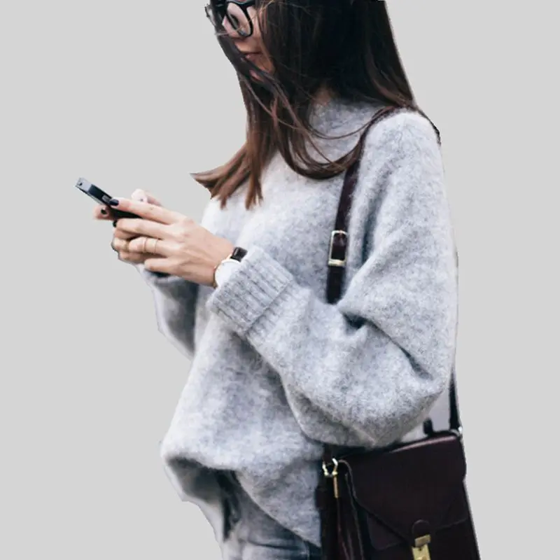 Фото Женский свитер с круглым вырезом однотонный Повседневный свободный винтажный