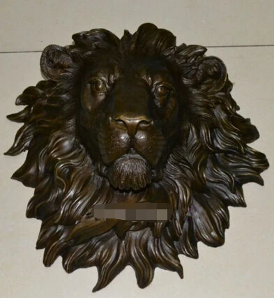 

Brass CHINESE crafts Asian Exquisite huge Lion head flat copper sculpture statue art hanging wall H"18.1