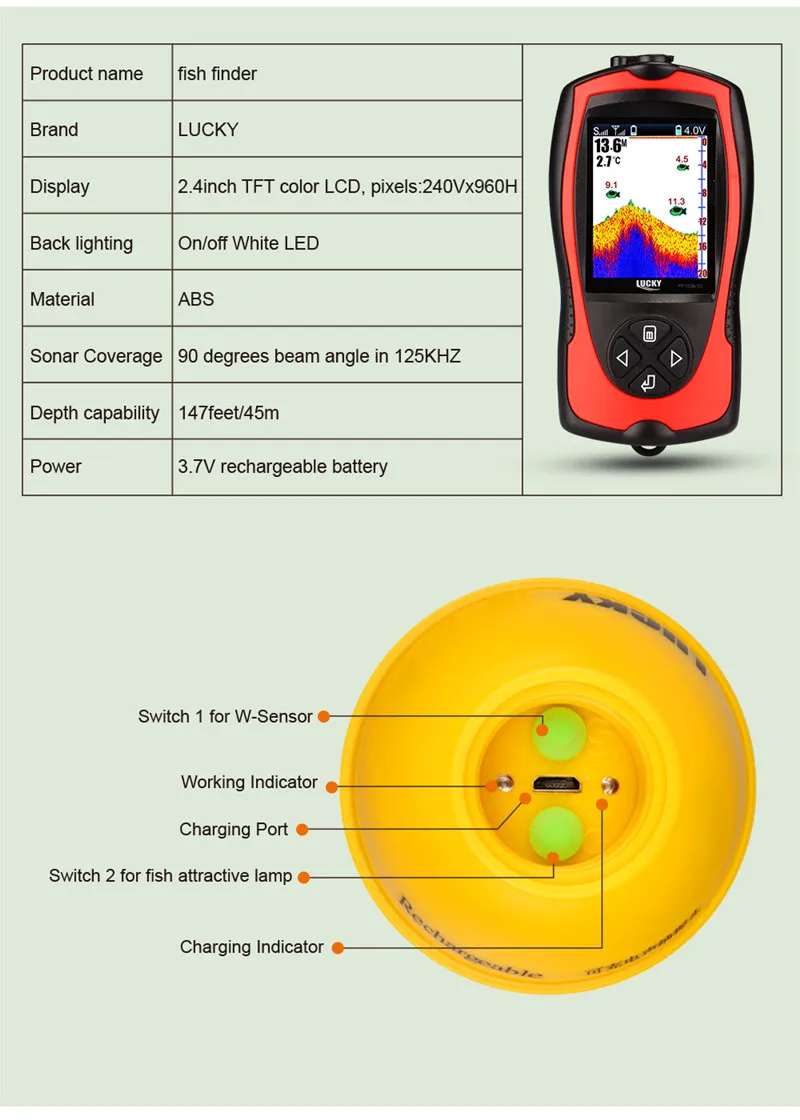 Sonar Fish Finder for Fishing FF1108-1CWLA Wireless Sonar Color Fishfinder 147ft45m Water Depth Sonar Pesca Transducer Fishing (3)